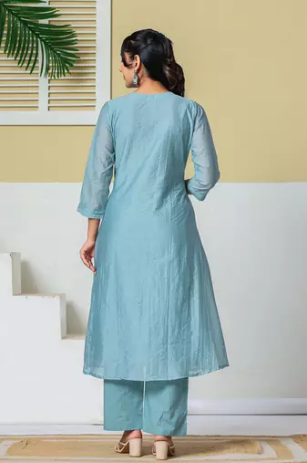 blue mul chanderi embroidery a line kurta pant dupatta set