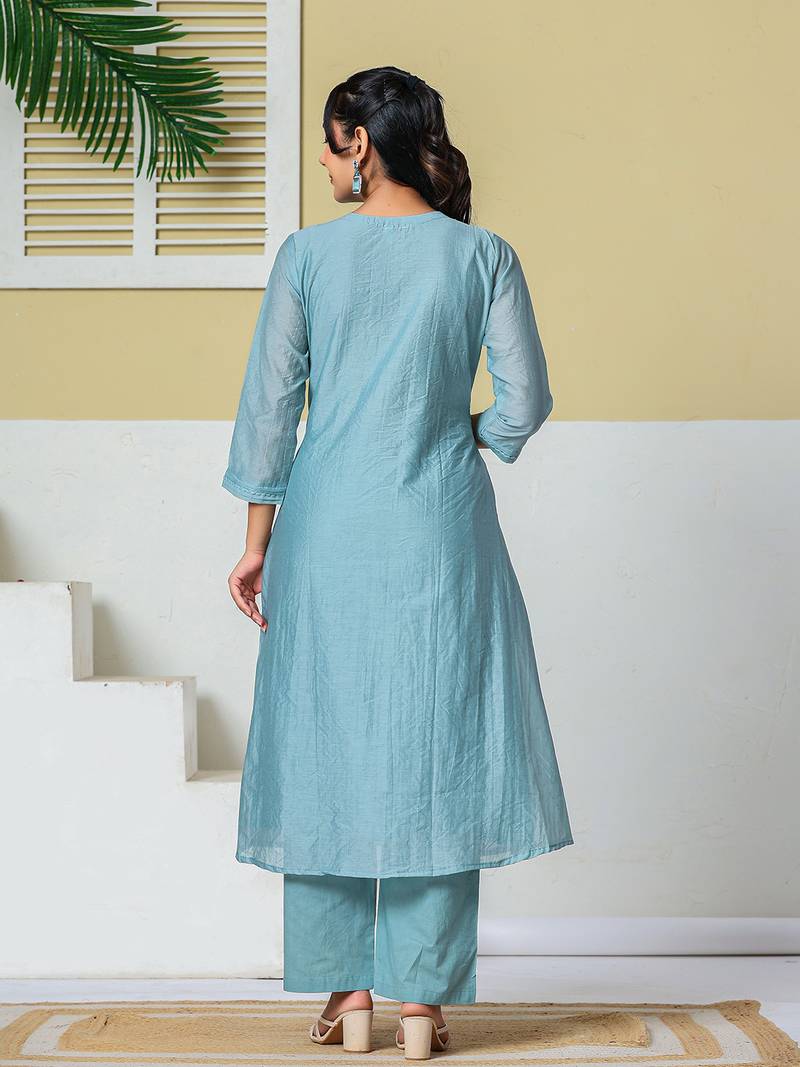 blue mul chanderi embroidery a line kurta pant dupatta set