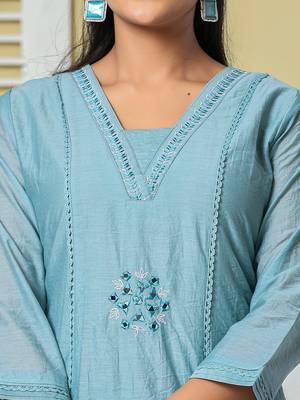 blue mul chanderi embroidery a line kurta pant dupatta set 4