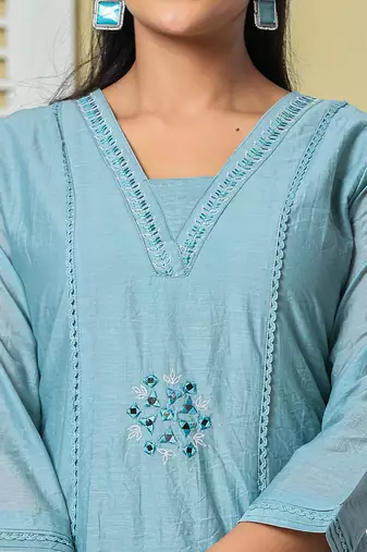 blue mul chanderi embroidery a line kurta pant dupatta set