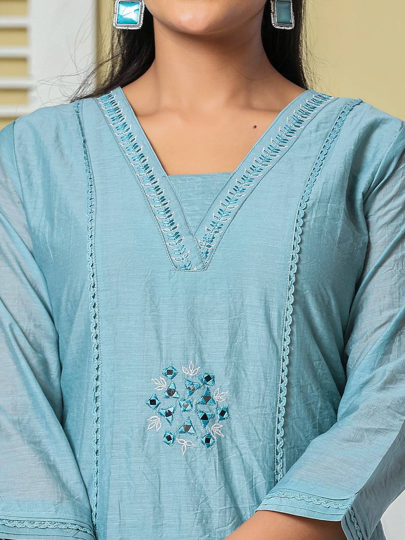 blue mul chanderi embroidery a line kurta pant dupatta set