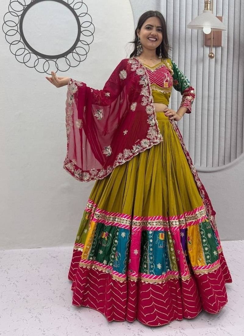 Olive Green Color Embroidery Thread & Sequence Work Cotton Navratri Lahenga Choli Set