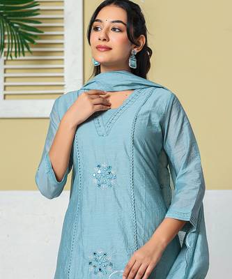 blue mul chanderi embroidery a line kurta pant dupatta set 5