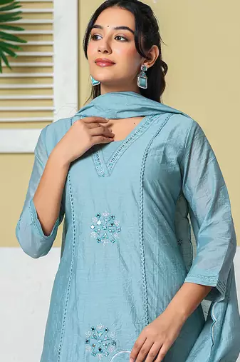 blue mul chanderi embroidery a line kurta pant dupatta set