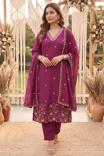 Yufta purple mal chanderi kurta dupatta pant set