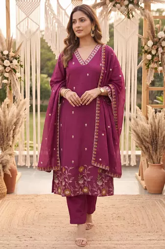 Yufta purple mal chanderi kurta dupatta pant set
