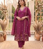 Yufta purple mal chanderi kurta dupatta pant set