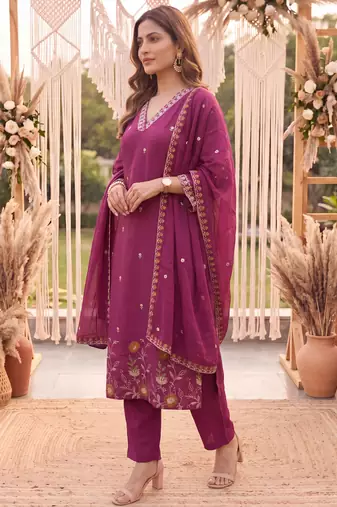 Yufta purple mal chanderi kurta dupatta pant set
