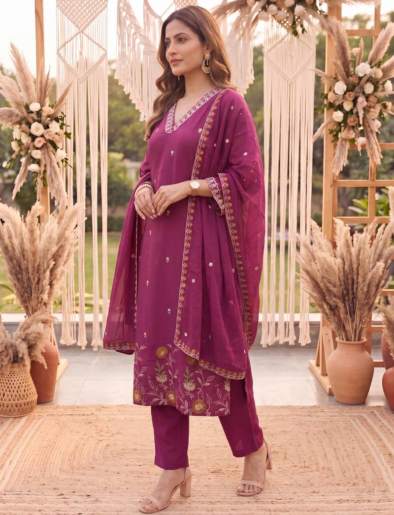Yufta purple mal chanderi kurta dupatta pant set