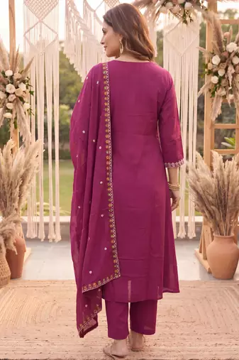 Yufta purple mal chanderi kurta dupatta pant set