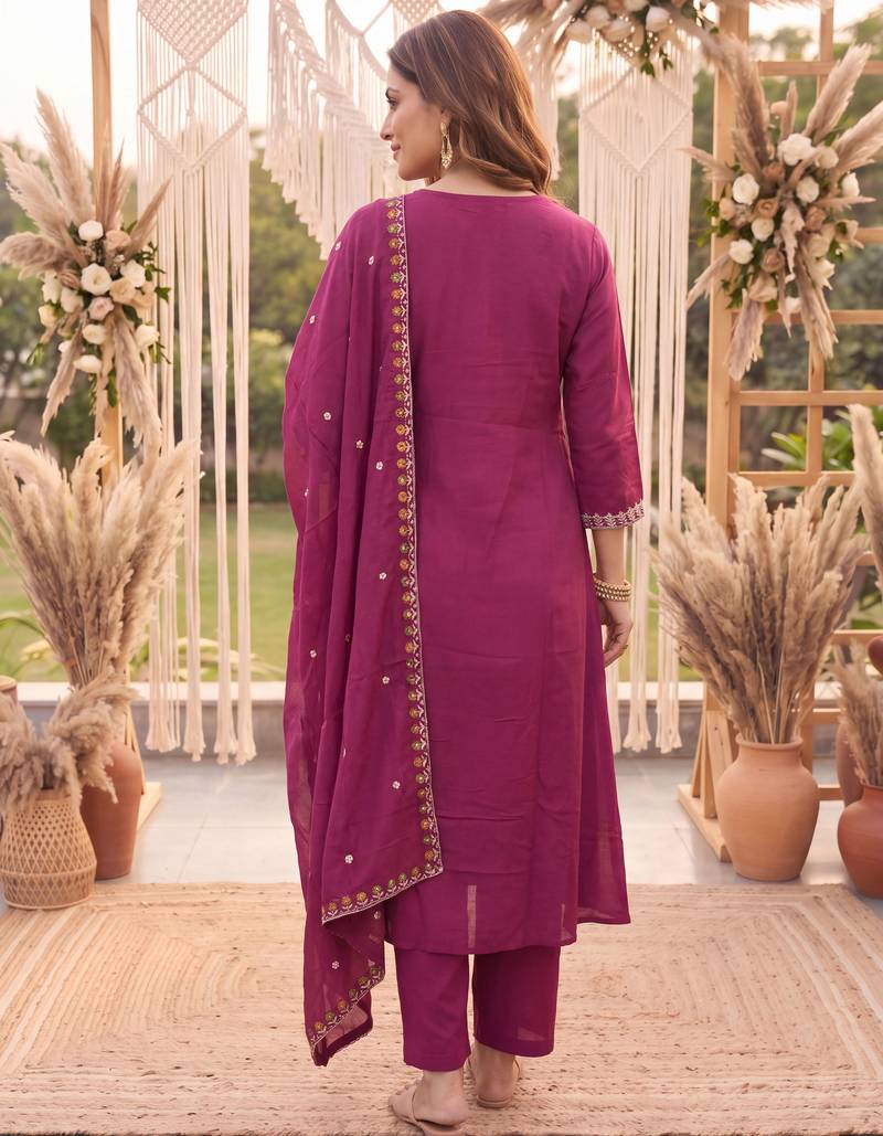 Yufta purple mal chanderi kurta dupatta pant set