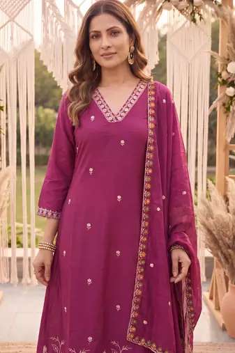 Yufta purple mal chanderi kurta dupatta pant set