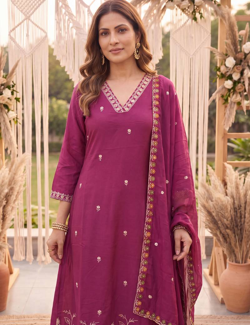 Yufta purple mal chanderi kurta dupatta pant set