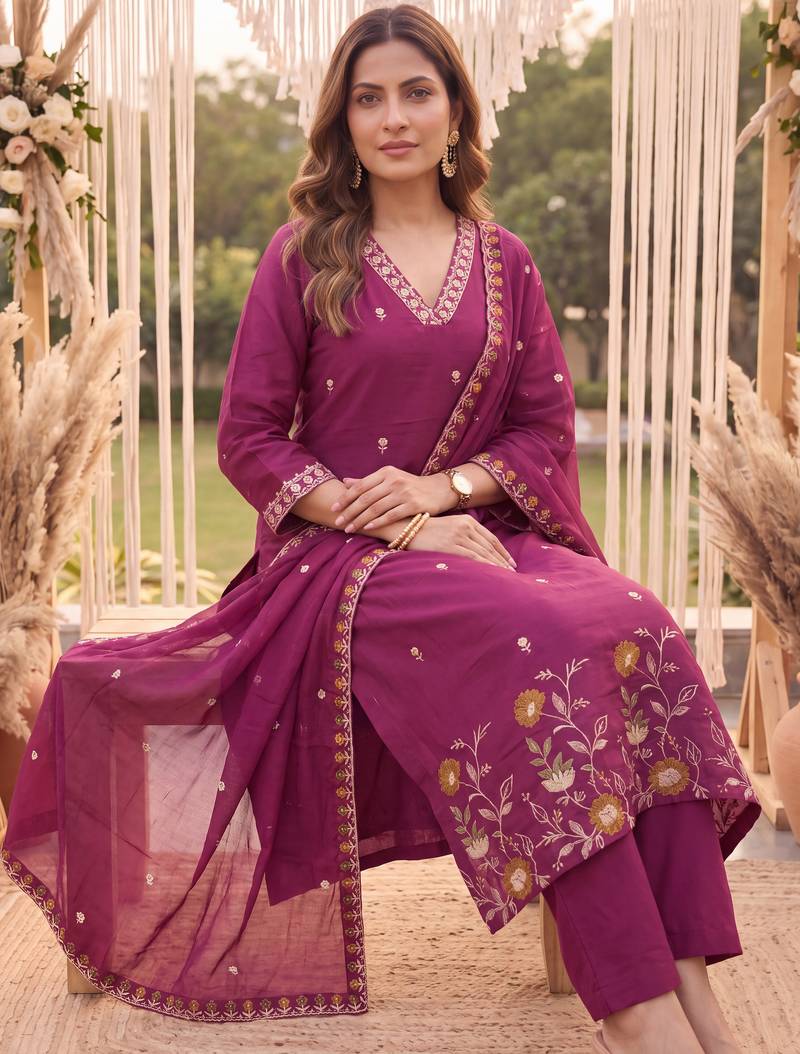 Yufta purple mal chanderi kurta dupatta pant set