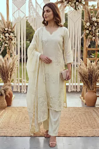 yellow chanderi cotton lining kurta dupatta pant set
