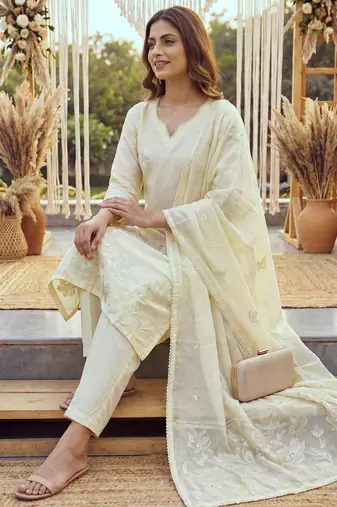 yellow chanderi cotton lining kurta dupatta pant set