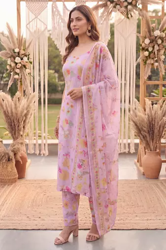 pink printed slik blend kurta dupatta pant set