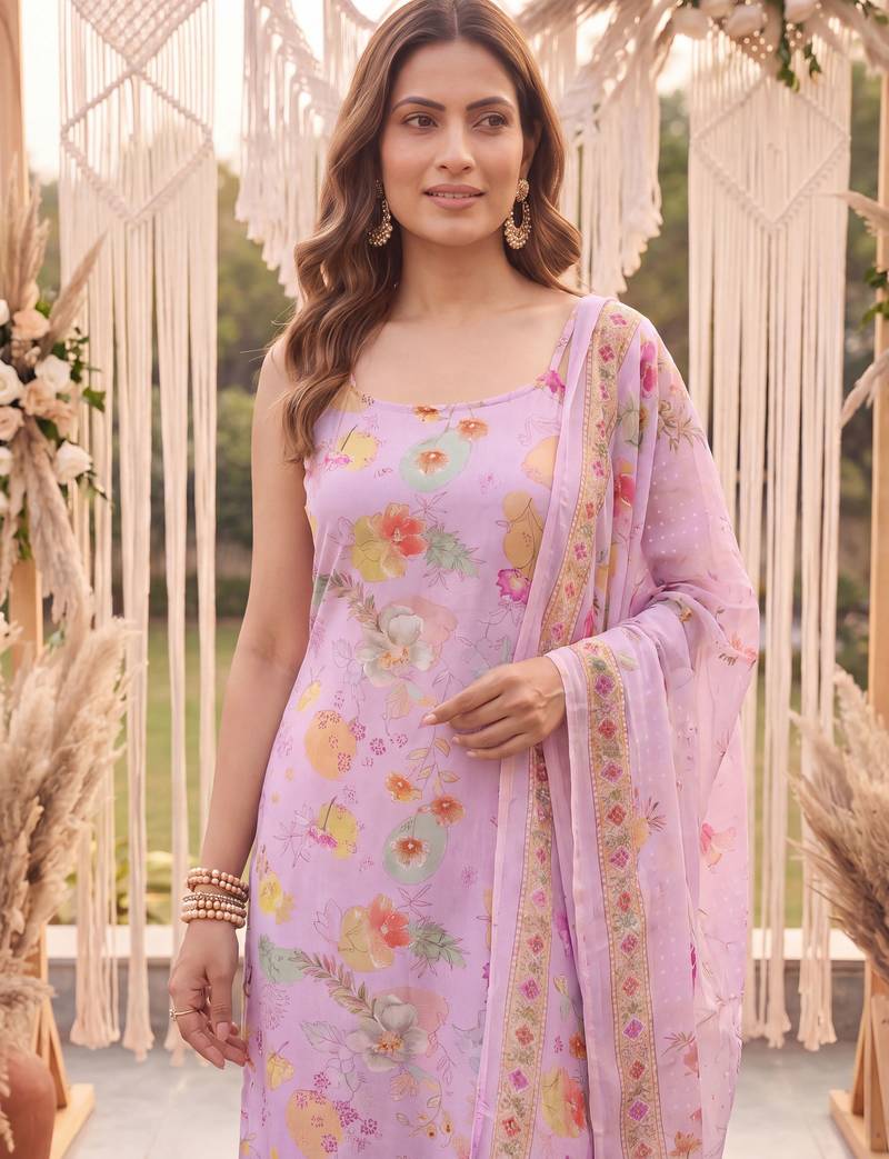 pink printed slik blend kurta dupatta pant set
