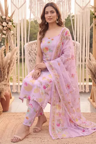 pink printed slik blend kurta dupatta pant set