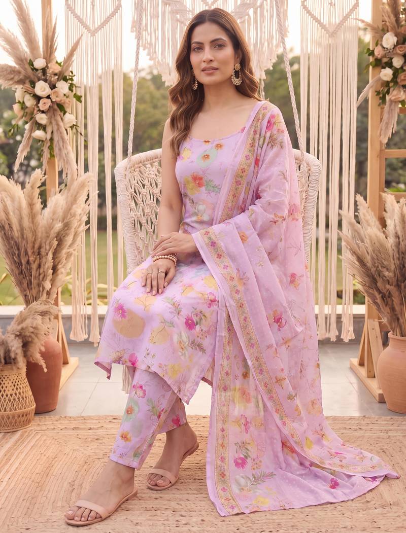 pink printed slik blend kurta dupatta pant set