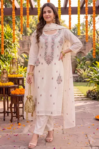 Yufta cream chanderi cotton lining kurta dupatta pant set