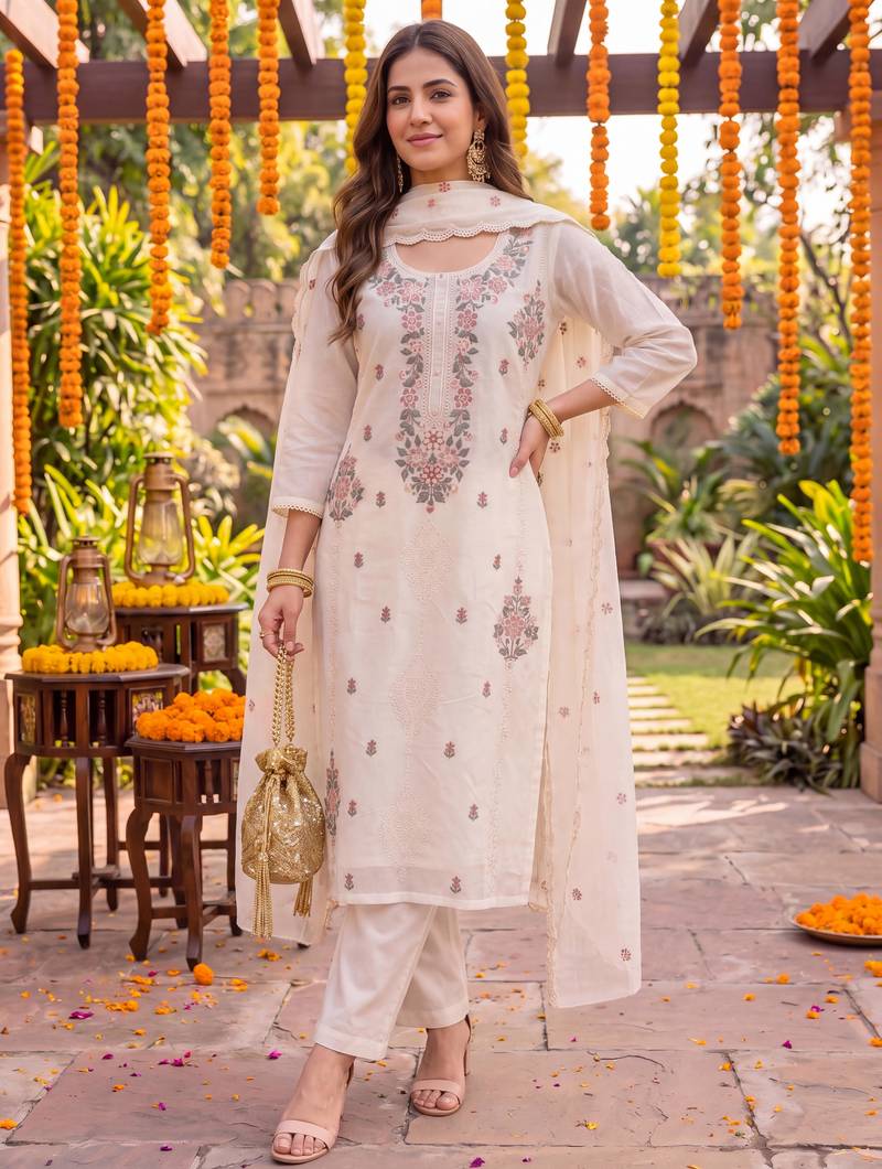 Yufta cream chanderi cotton lining kurta dupatta pant set