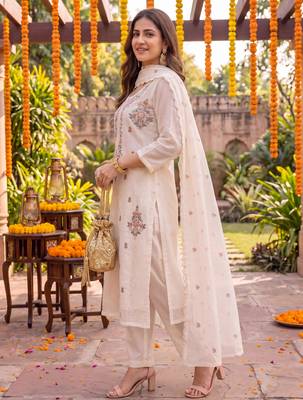 Yufta cream chanderi cotton lining kurta dupatta pant set 2