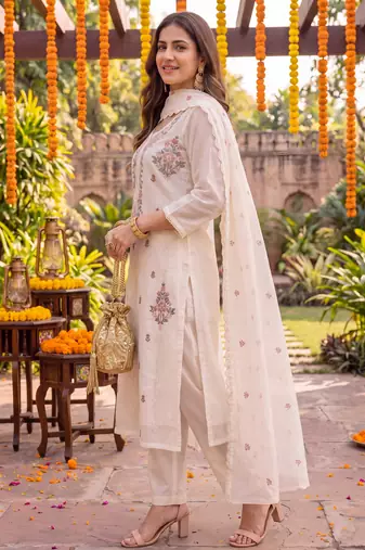 Yufta cream chanderi cotton lining kurta dupatta pant set