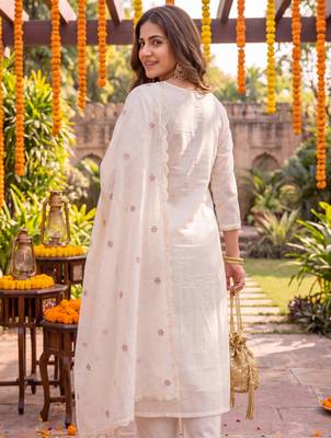 Yufta cream chanderi cotton lining kurta dupatta pant set 3