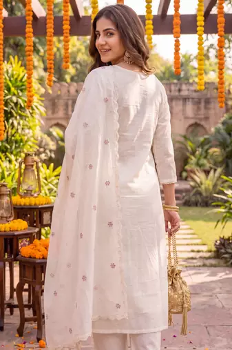 Yufta cream chanderi cotton lining kurta dupatta pant set