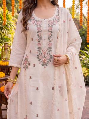 Yufta cream chanderi cotton lining kurta dupatta pant set 4