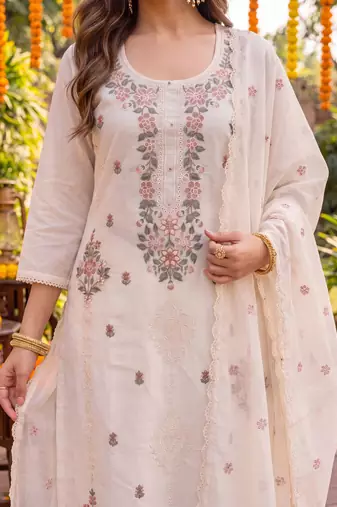 Yufta cream chanderi cotton lining kurta dupatta pant set
