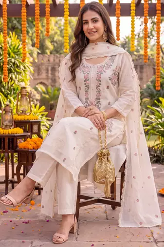 Yufta cream chanderi cotton lining kurta dupatta pant set