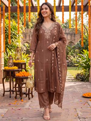 brown chanderi cotton lining kurta dupatta pant set 1