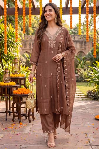 brown chanderi cotton lining kurta dupatta pant set