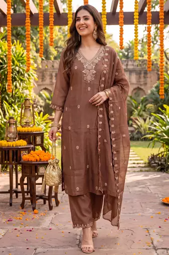 brown chanderi cotton lining kurta dupatta pant set
