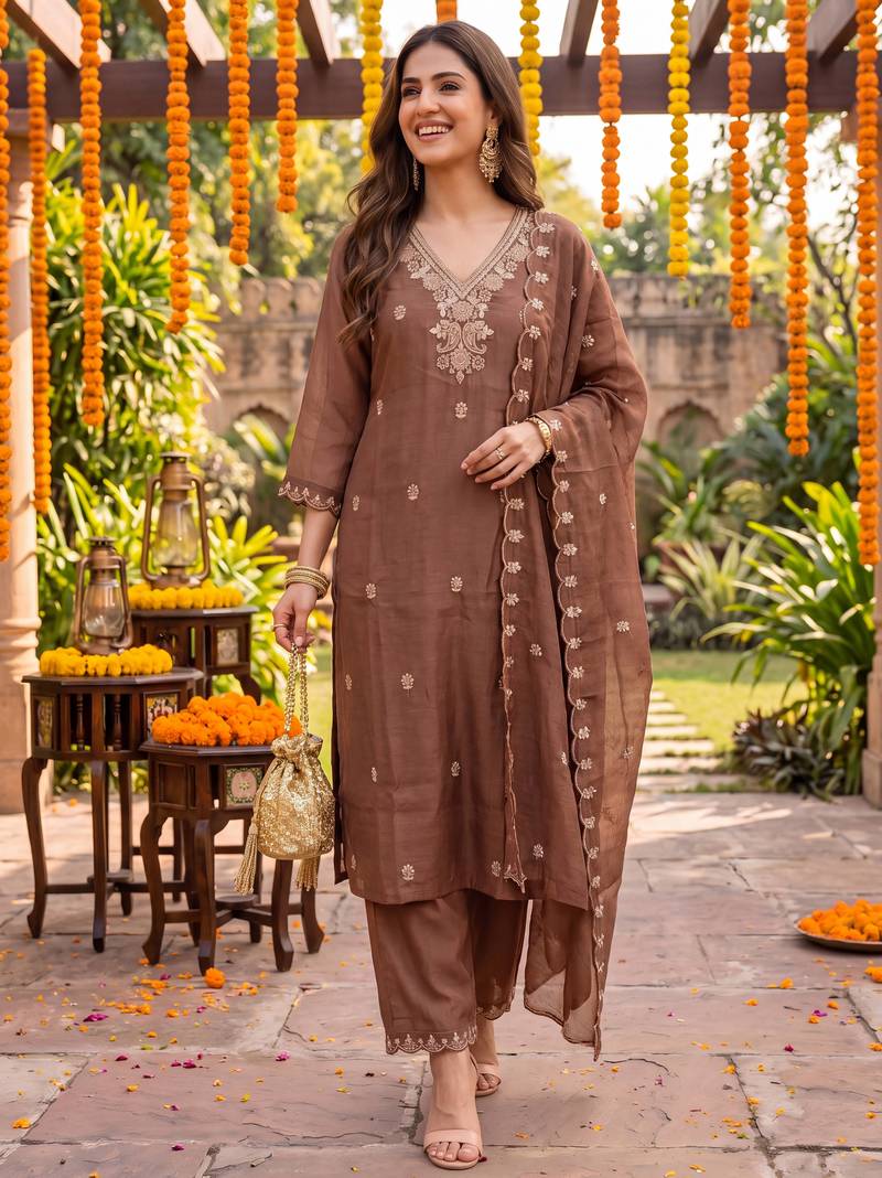 brown chanderi cotton lining kurta dupatta pant set