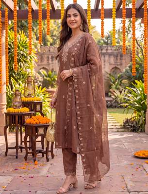 brown chanderi cotton lining kurta dupatta pant set 2