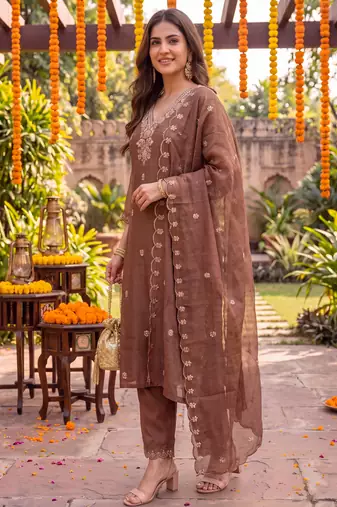 brown chanderi cotton lining kurta dupatta pant set