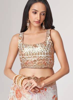 Soft Ivory-white features lavish gold sequin, thread embroidered with floral printed Organza Indian Traditional Saree 6