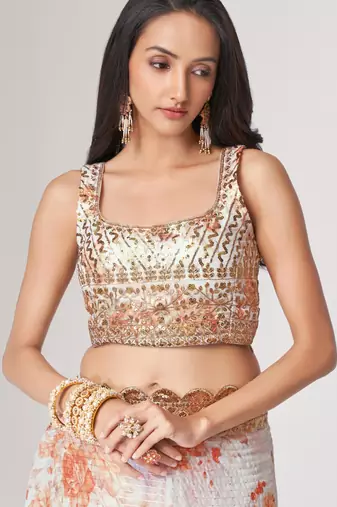 Soft Ivory-white features lavish gold sequin, thread embroidered with floral printed Organza Indian Traditional Saree