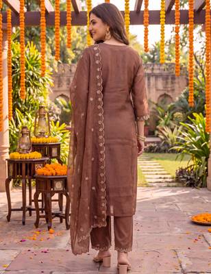 brown chanderi cotton lining kurta dupatta pant set 3