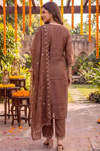 brown chanderi cotton lining kurta dupatta pant set
