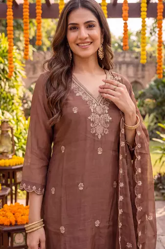 brown chanderi cotton lining kurta dupatta pant set