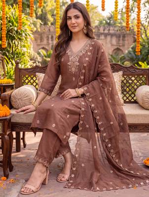 brown chanderi cotton lining kurta dupatta pant set 5