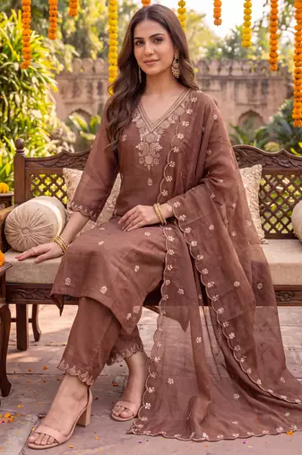 brown chanderi cotton lining kurta dupatta pant set
