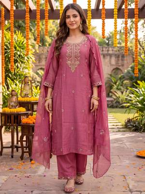 pink chanderi cotton lining kurta dupatta pant set 1
