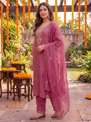 pink chanderi cotton lining kurta dupatta pant set 2