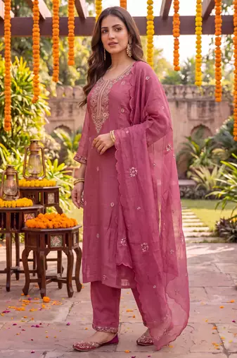 pink chanderi cotton lining kurta dupatta pant set