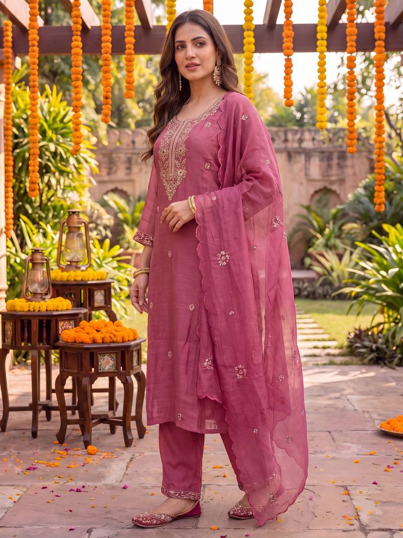 pink chanderi cotton lining kurta dupatta pant set